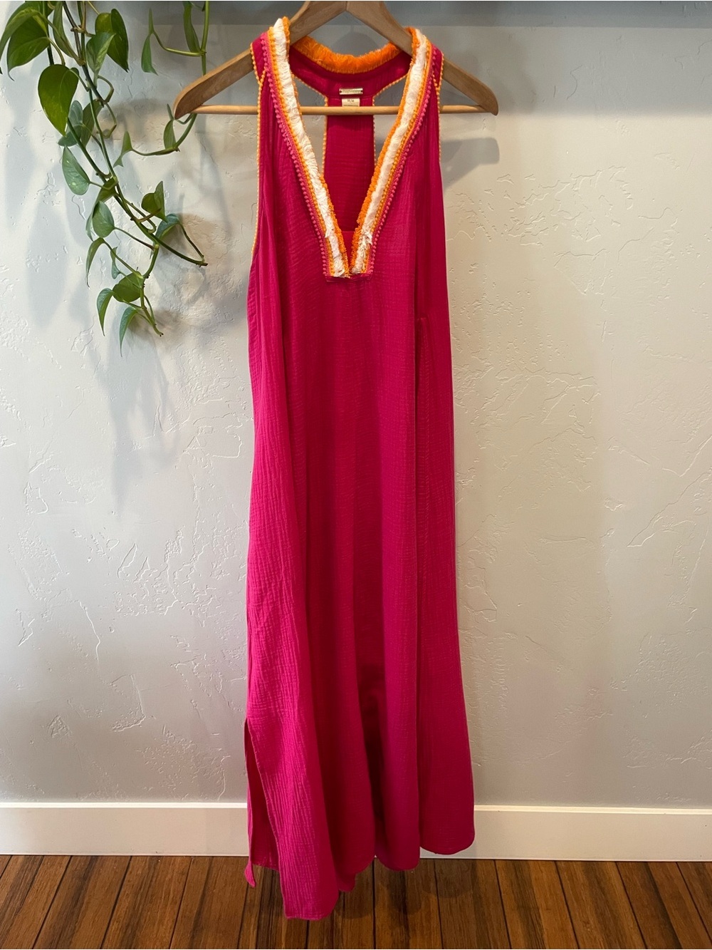 Magaschoni 100% organic cotton Fuchsia Maxi Dress with Orange and white Trim M